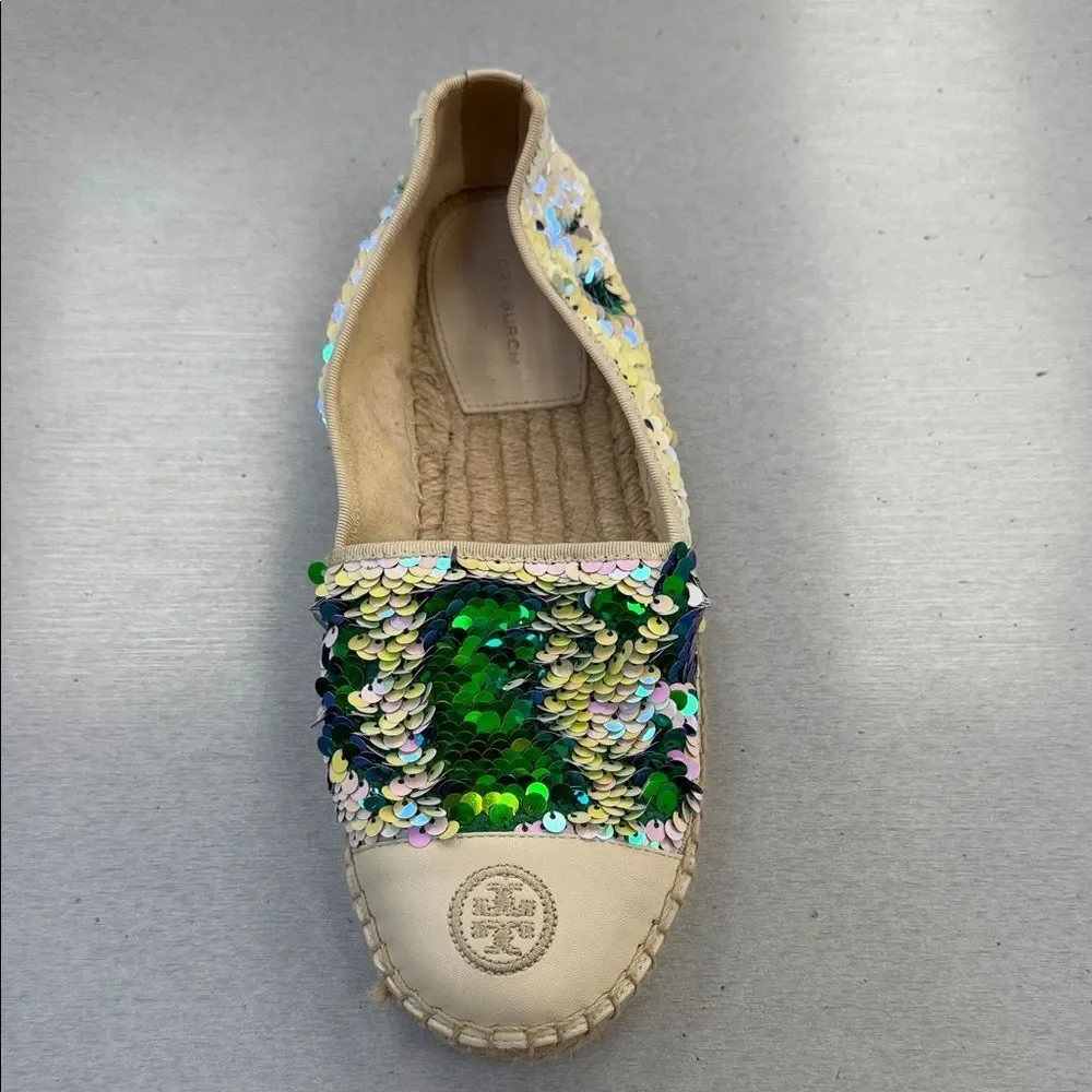 Tory Burch Green and Cream Sequin Espadrilles